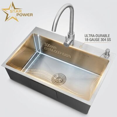 Buen precio Cuenca de cocina de doble cuenco de 18 gauge 304 SS con una cuenca extra profunda de 300 mm e instalación de montaje superior en línea