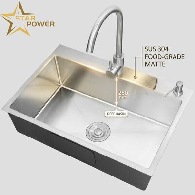 Buen precio Fregadero de cocina de doble seno de acero inoxidable 304 de grado alimenticio con superficie mate y seno de 250 mm de profundidad en línea