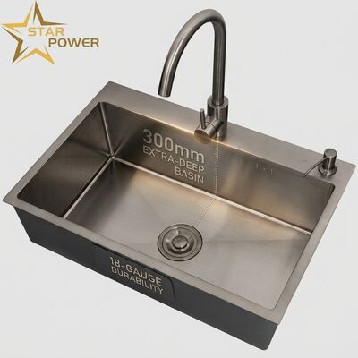 Buen precio Lavadero de cocina de 18 gauge 304 SS con acabado PVD de metal y 300 mm de cuenco principal y auxiliar extra profundo en línea