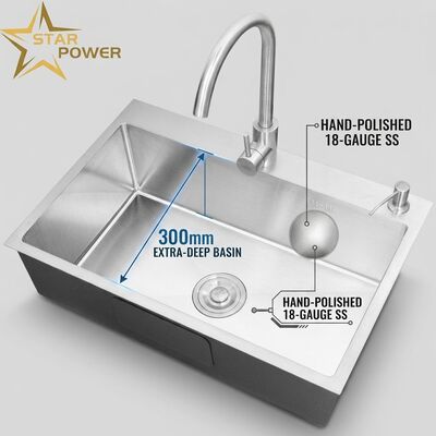 Buen precio Cuenca de cocina de doble tazón de 18 calibre 304 SS pulida a mano con una cuenca extra profunda de 300 mm en línea