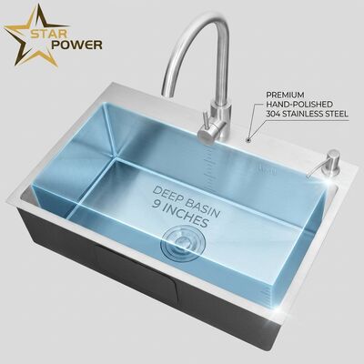 Buen precio Cuenca de la cocina de montaje superior / cuenca de caída 304 de acero inoxidable igual cuenca de la cocina de doble tazón Polida a mano Cuenca de caída de 600 mm de profundidad de 9 pulgadas en línea