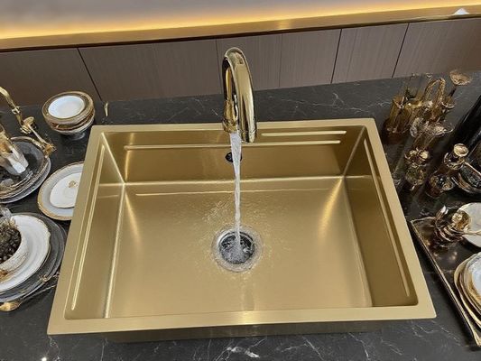 Buen precio Fregadero de cocina cuadrado de lujo de acero inoxidable SUS304 con acabado dorado y diseño de drenaje eficiente en línea