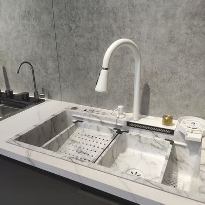 Buen precio Fregadero de cocina de montaje superior / sobre encimera Blanco Fregadero de cocina multifuncional de doble seno de acero inoxidable de montaje superior | Calibre de acero personalizable disponible | Profundidad de seno personalizable disponible | Resistente al óxido y a la corrosión en línea