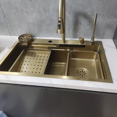 Fregadero de cocina de acero inoxidable SUS304 con acabado dorado y escurridor