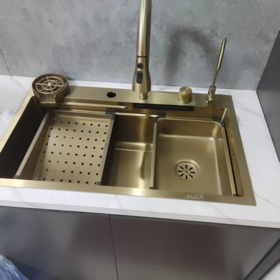 Fregadero de cocina de acero inoxidable SUS304 con acabado dorado y escurridor