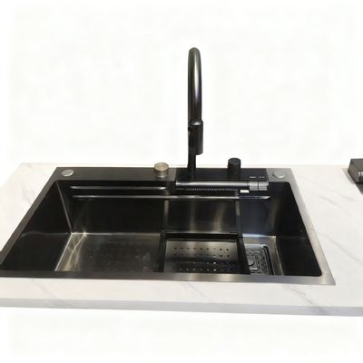 Buen precio Juego de fregadero de cocina de acero inoxidable de doble tazón de 800 mm con grifo de arco alto para cocinas modernas | Profundidad de tazón personalizable disponible | Calibre de acero personalizable disponible en línea