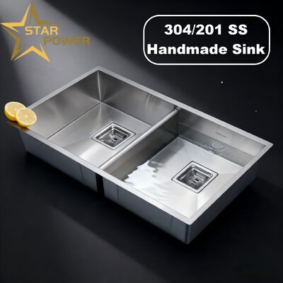 STAR POWER 304SS Premium engrosado artesanal de doble cuenco fregadero de cocina con acero inoxidable de grado alimenticio