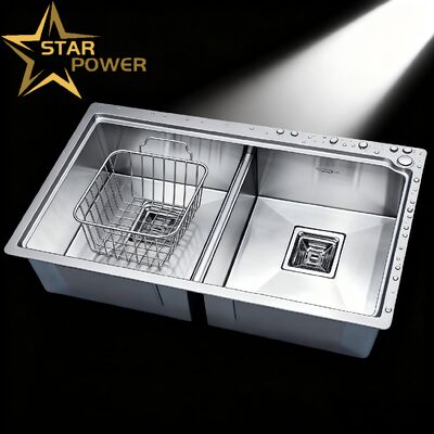 Fregadero de doble tazón de acero inoxidable STAR POWER Premium 304 con grifo extraíble para un flujo de trabajo eficiente en la cocina