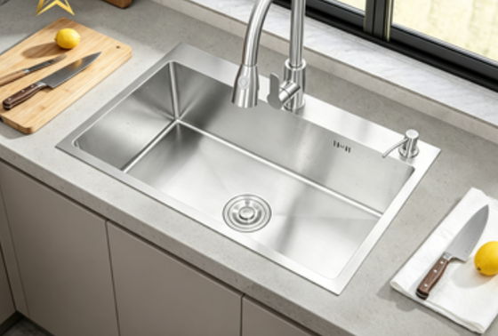 Buen precio Lavadero de cocina de acero inoxidable 304 con acabado dorado y diseño de montaje con caudal en línea