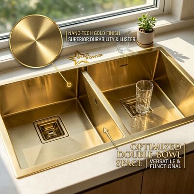 Buen precio Gold-Toned Food-Grade 304 Stainless Steel Main Auxiliary Bowl Kitchen Sink Flush-Mount 900mm 250mm Deep Basin en línea