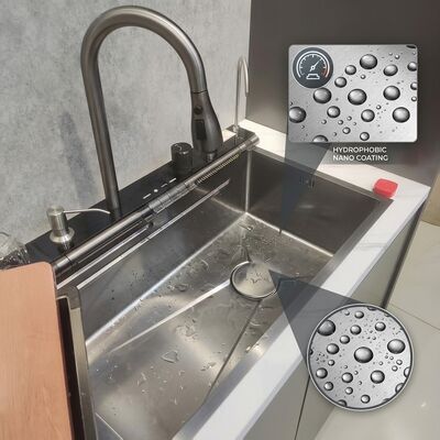 Buen precio Fregadero de cocina de acero inoxidable 316 hecho a mano, Nano oleofóbico, hoja de loto biónica, cuenco individual, lavabo de 800mm y 220mm de profundidad en línea