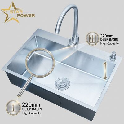 Buen precio Fregadero de cocina de acero inoxidable 316 de doble seno con cubeta de 220 mm de profundidad y diseño de montaje superior en línea