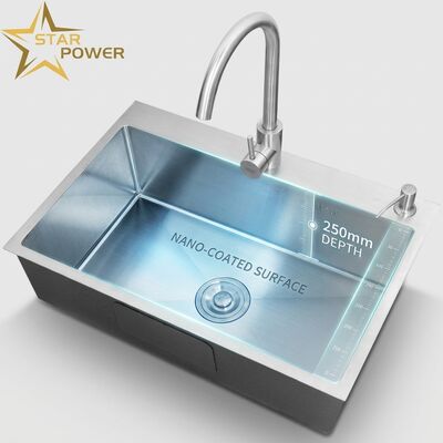 Buen precio Fregadero de cocina de acero inoxidable 304 de grado alimenticio con nano-recubrimiento y doble seno de 250 mm de profundidad en línea