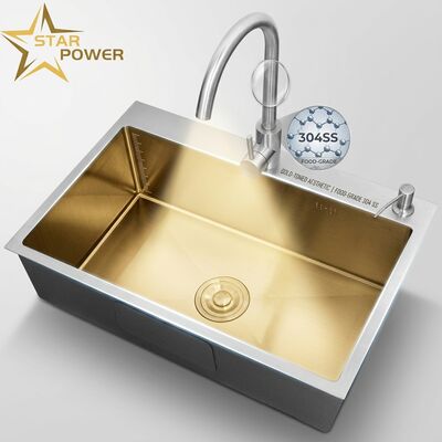 Buen precio Fregadero de cocina de acero inoxidable 304 de grado alimenticio, montaje empotrado, tono dorado, 900 mm, 250 mm de profundidad en línea