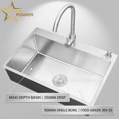 Buen precio Fregadero de cocina bajo encimera de acero inoxidable 304 de grado alimenticio, un seno, cromado, 900 mm, 250 mm de profundidad | Profundidad de seno personalizable disponible | Calibre de acero personalizable disponible en línea