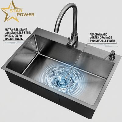 Buen precio Fregadero de cocina de montaje empotrado / enrasado de acero inoxidable 316 con cubeta principal y auxiliar Fregadero de cocina PVD color grafito Montaje enrasado 800 mm Profundidad de 220 mm | Profundidad de cubeta personalizada disponible | Calibre de acero personalizado disponible en línea