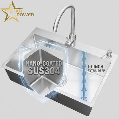 Buen precio Cuenca de cocina de montaje superior / caída en el SUS304 de acero inoxidable igual a doble cuenco Cuenca de cocina nano-revestida caída en el 700 mm 10 pulgadas cuenca extra profunda. en línea