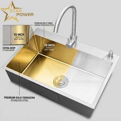 Buen precio Fregadero de cocina de montaje empotrado / encastrado de acero inoxidable SUS304, fregadero de cocina con cubeta principal y auxiliar, acabado dorado, montaje empotrado, 700 mm, cubeta extragrande de 10 pulgadas | Profundidad de cubeta personalizable disponible | Calibre de acero personalizable disponible en línea