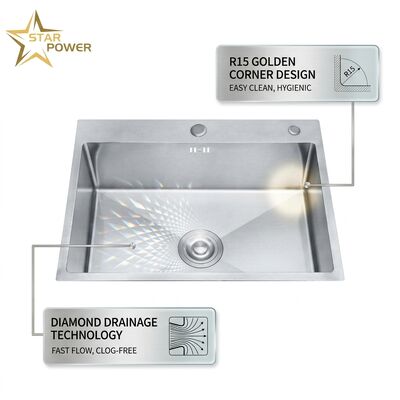 Buen precio Fregadero de cocina empotrable hecho a mano de acero inoxidable 304 de 33x22 pulgadas, doble seno, acabado satinado, esquinas redondeadas R15, calibre 18 en línea