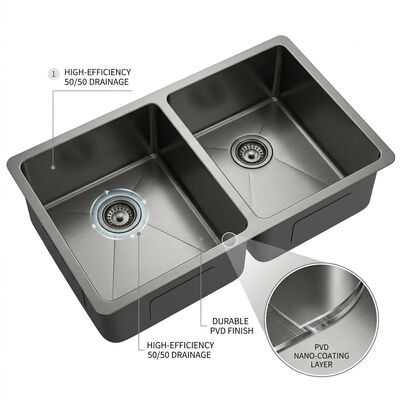 Buen precio Fregadero de cocina undermount de acero inoxidable 304 PVD Gunmetal, doble seno 50/50, recubierto con almohadillas de goma insonorizadas en línea